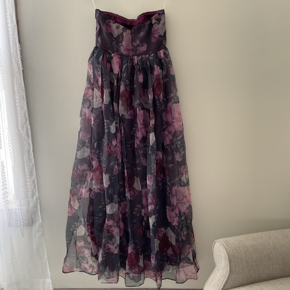 Lulus Wonderful Waltz Purple Floral Print Strapless Bustier Organza Maxi Dress S - Picture 7 of 14